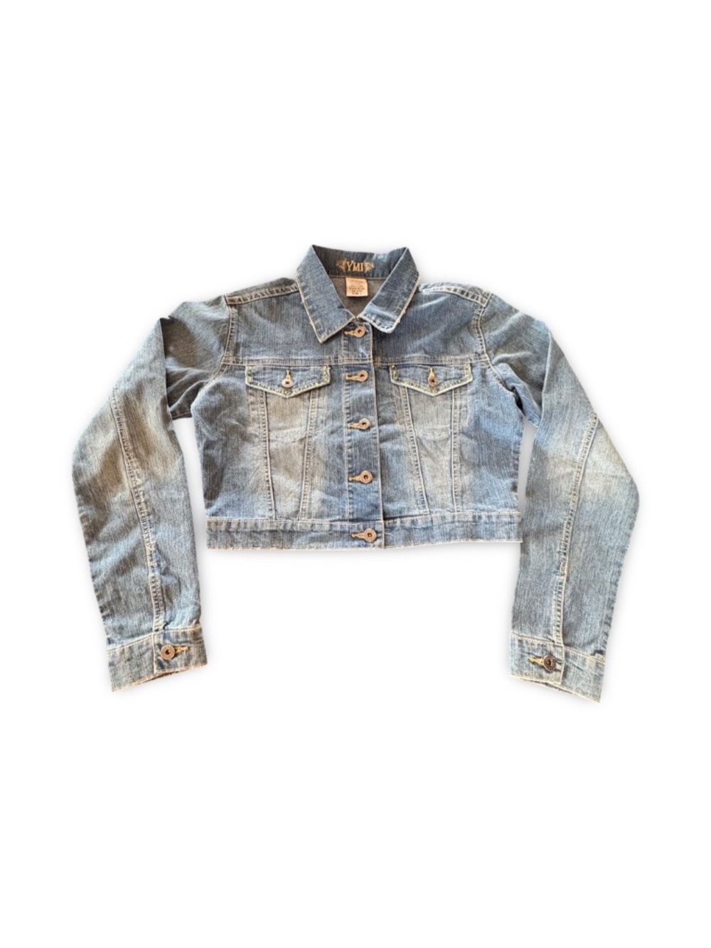Vintage Y2K YMI Cropped Denim Jacket Green Rhinestone Bling Size L - Picture 3 of 14